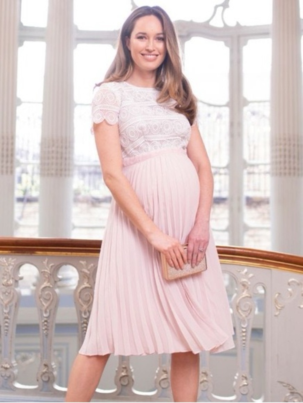 Seraphine Maternity White Lace Top with Blush Pleated Maxi Dress